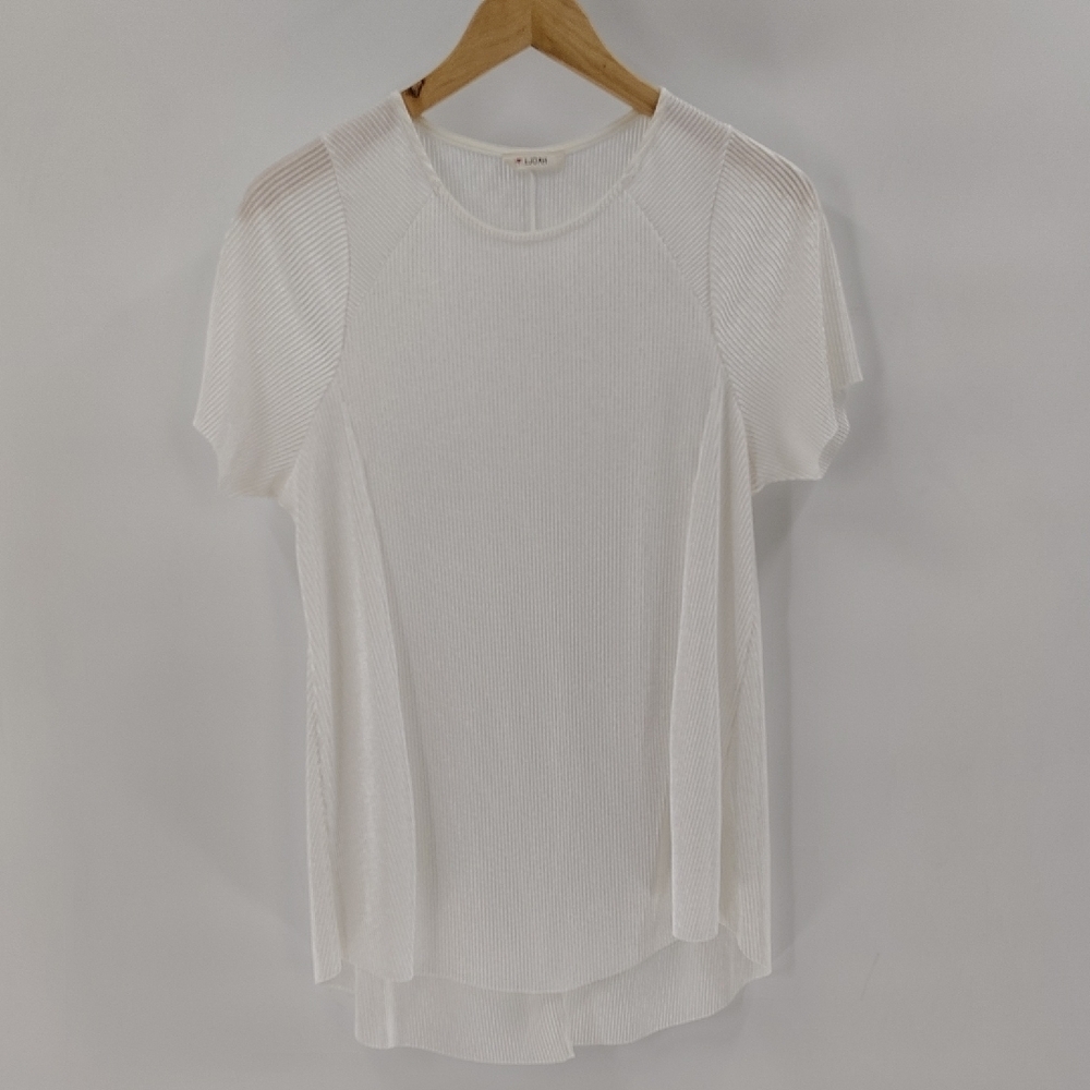 I Joah Blouse Large White Shiny Ribbed Raw Hem Flowy Short Sleeve